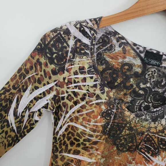 Daytrip Womens Boho Leopard Print Knit Top Sz S Brown Sequin V-Neck Slimming - Picture 4 of 8